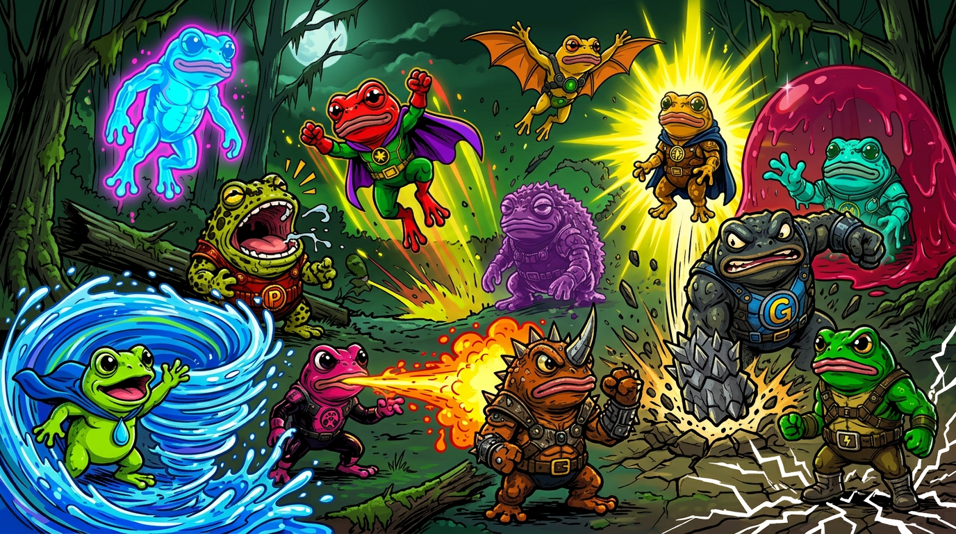 A chaotic battle where each frog hero unleashes a different power